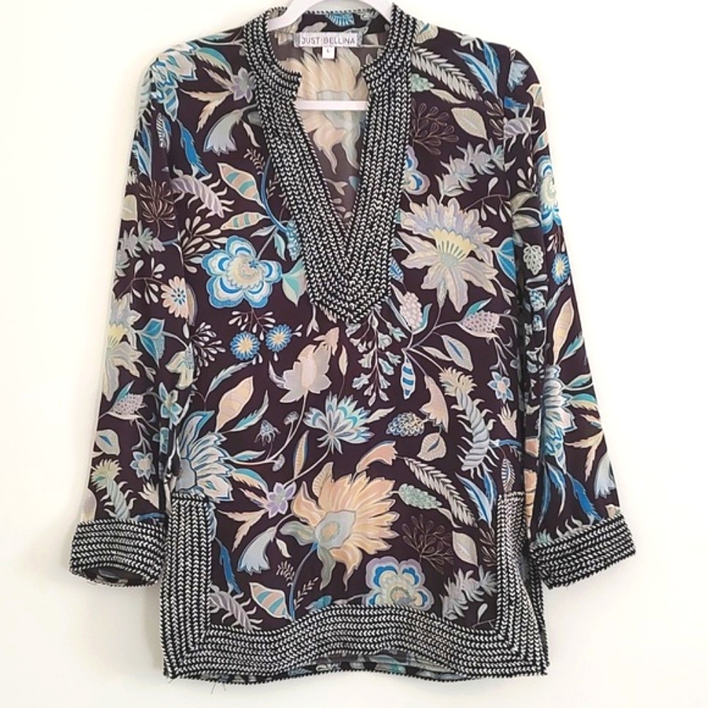 Just Bellina Womens V-Neck Embellished Tunic Side Slits/Size L